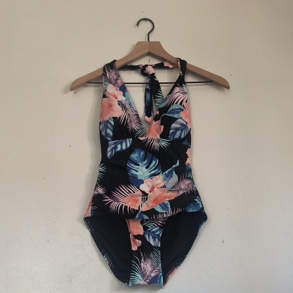 NWT DKNY Tropical Print One-Piece Halter Swimsuit